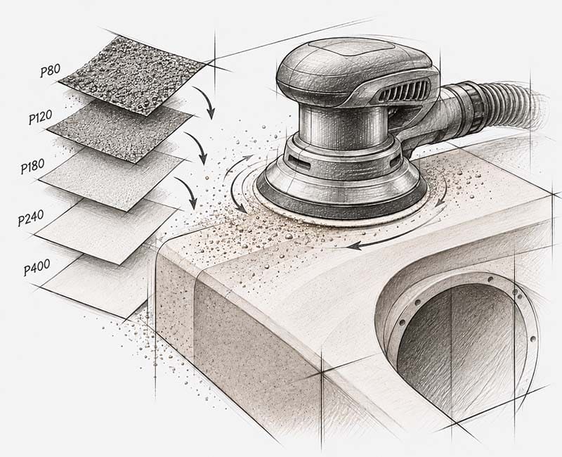 Illustration: Schleifen des Gehäuses in aufsteigender Körnung von P80 bis P400